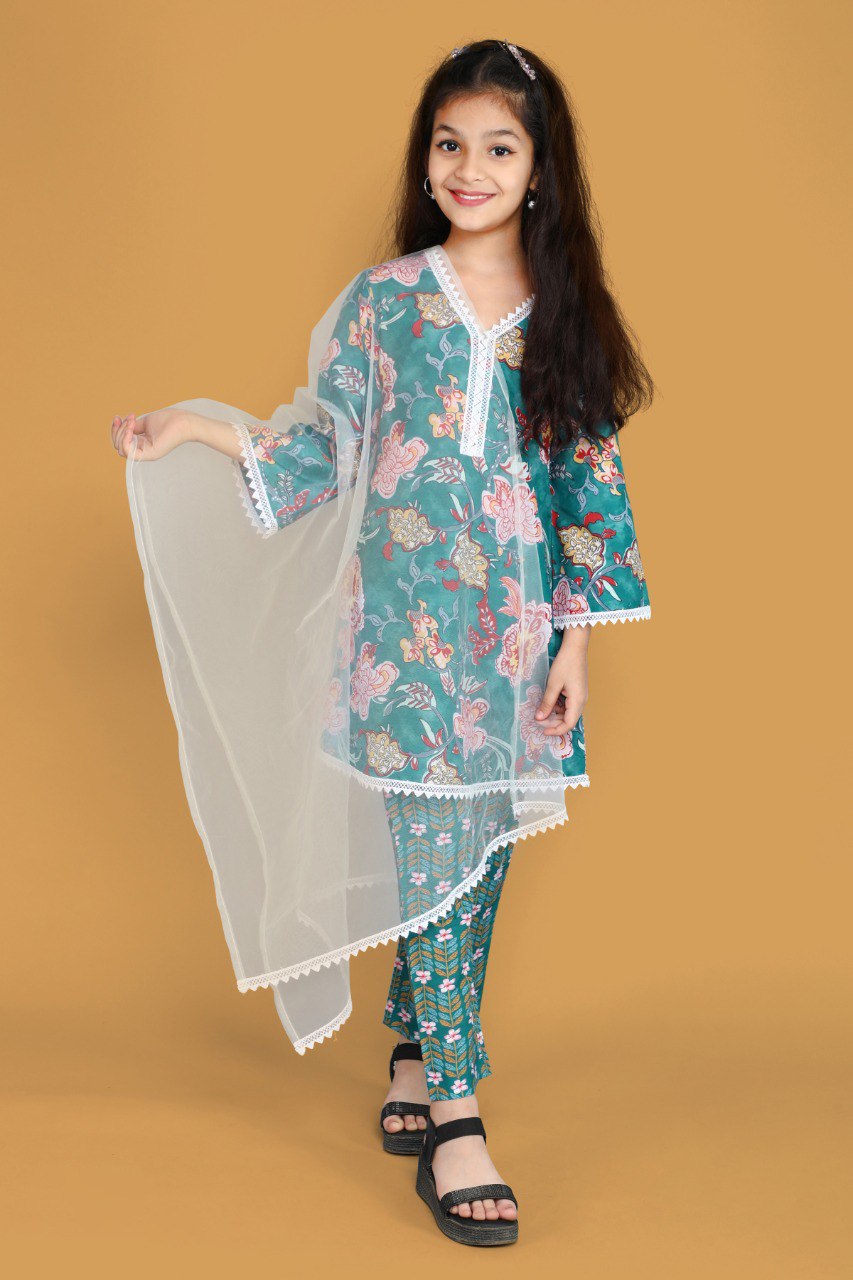 Girls Floral Printed Kurti Set with Matching Pajama and White Dupatta - Ethnic Wear for Kids