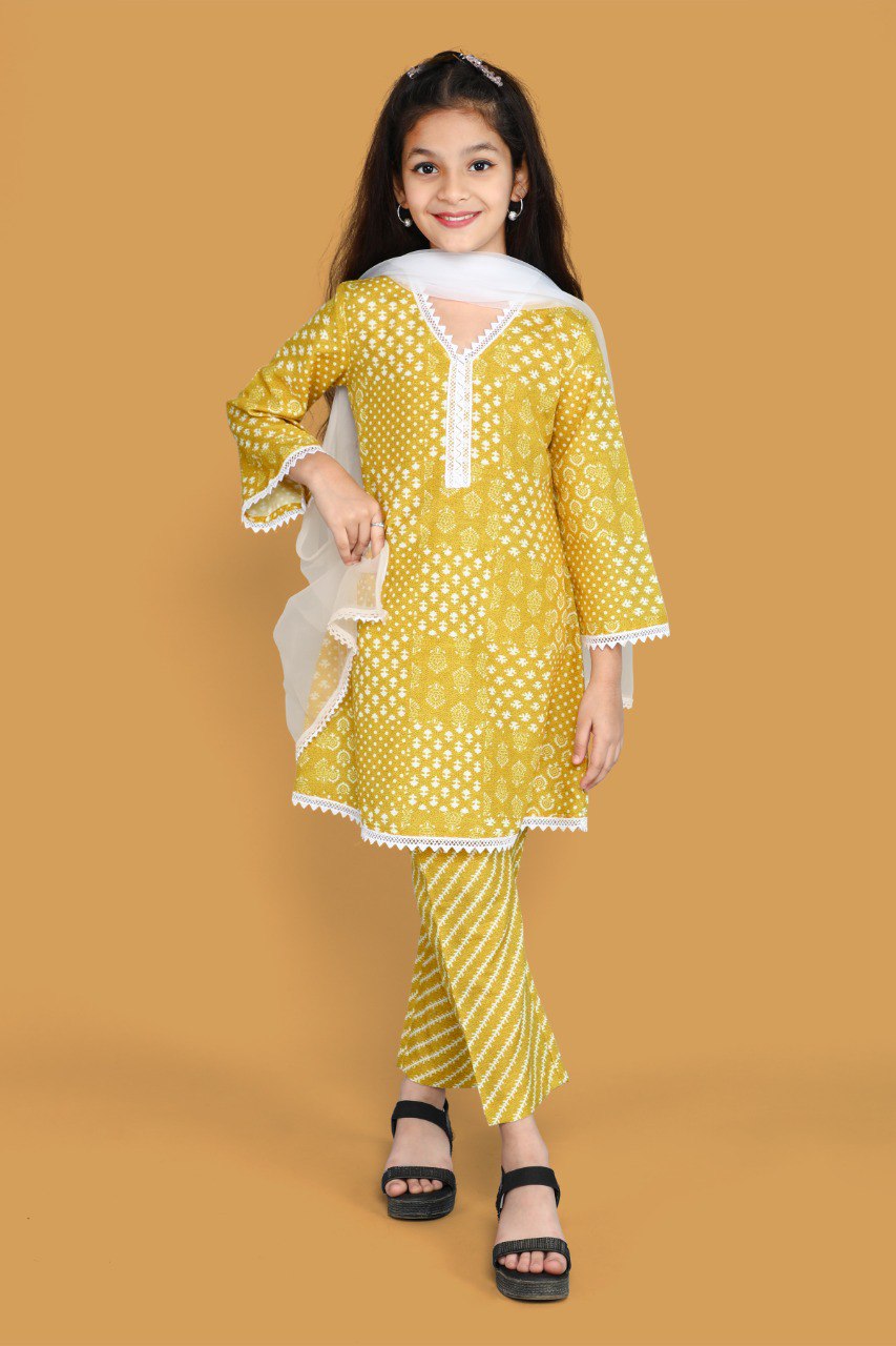 Girls lovely yellow and white salwar kameez And Dupatta Set