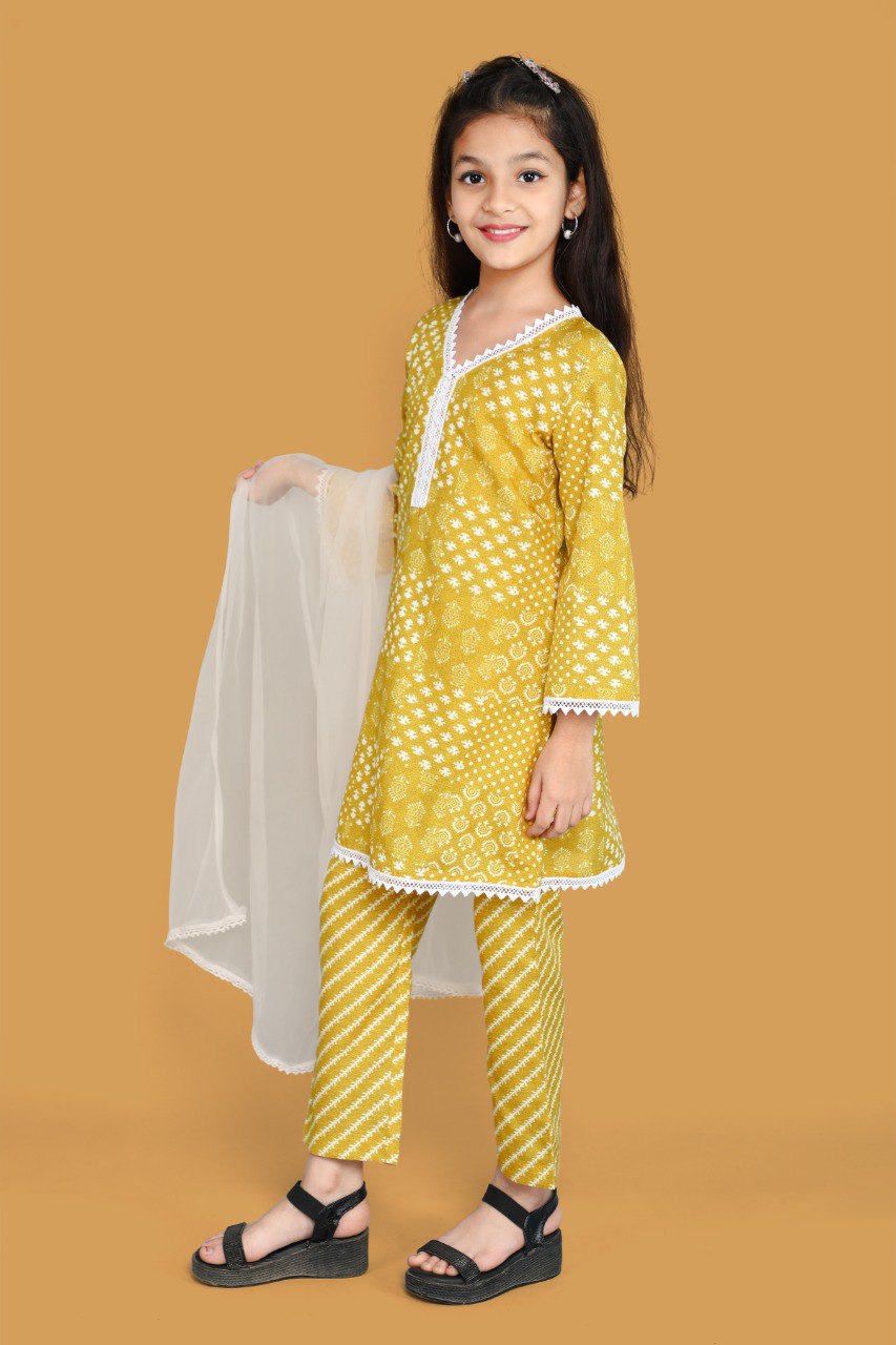 Girls lovely yellow and white salwar kameez And Dupatta Set