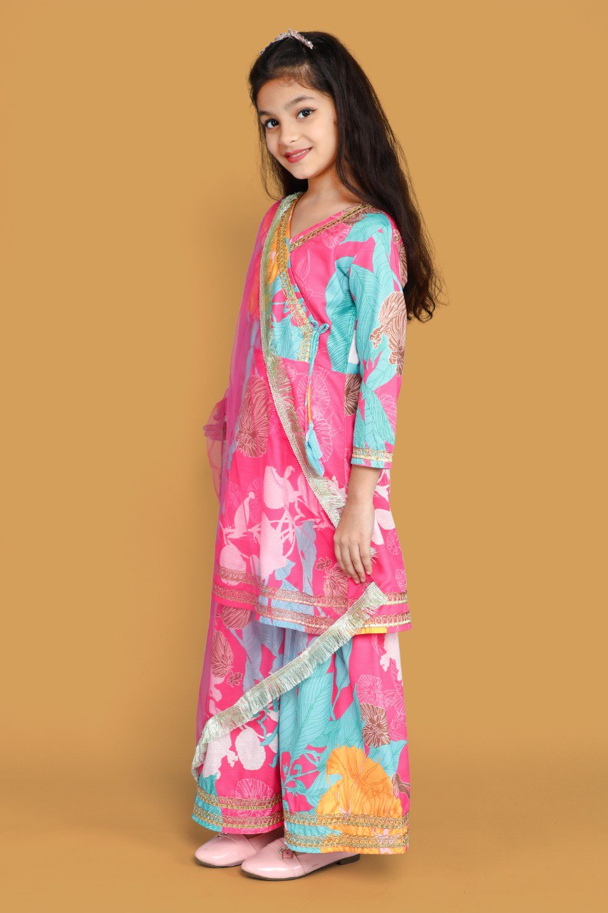 Girls' Pink Floral Anarkali Kurta with Sharara & Dupatta Set – Trendy Ethnic Wear for Festive & Casual Occasions
