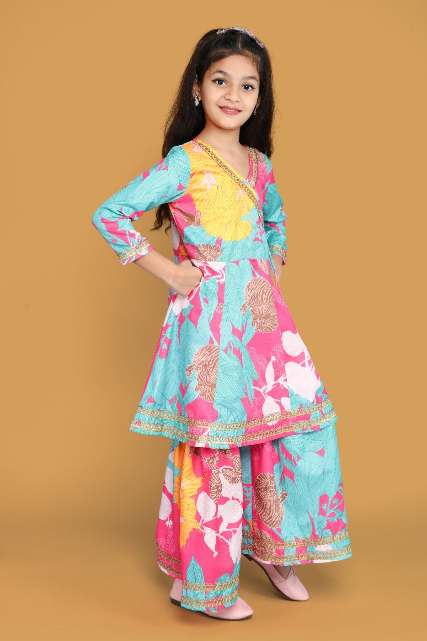 Girls' Pink Floral Anarkali Kurta with Sharara & Dupatta Set – Trendy Ethnic Wear for Festive & Casual Occasions