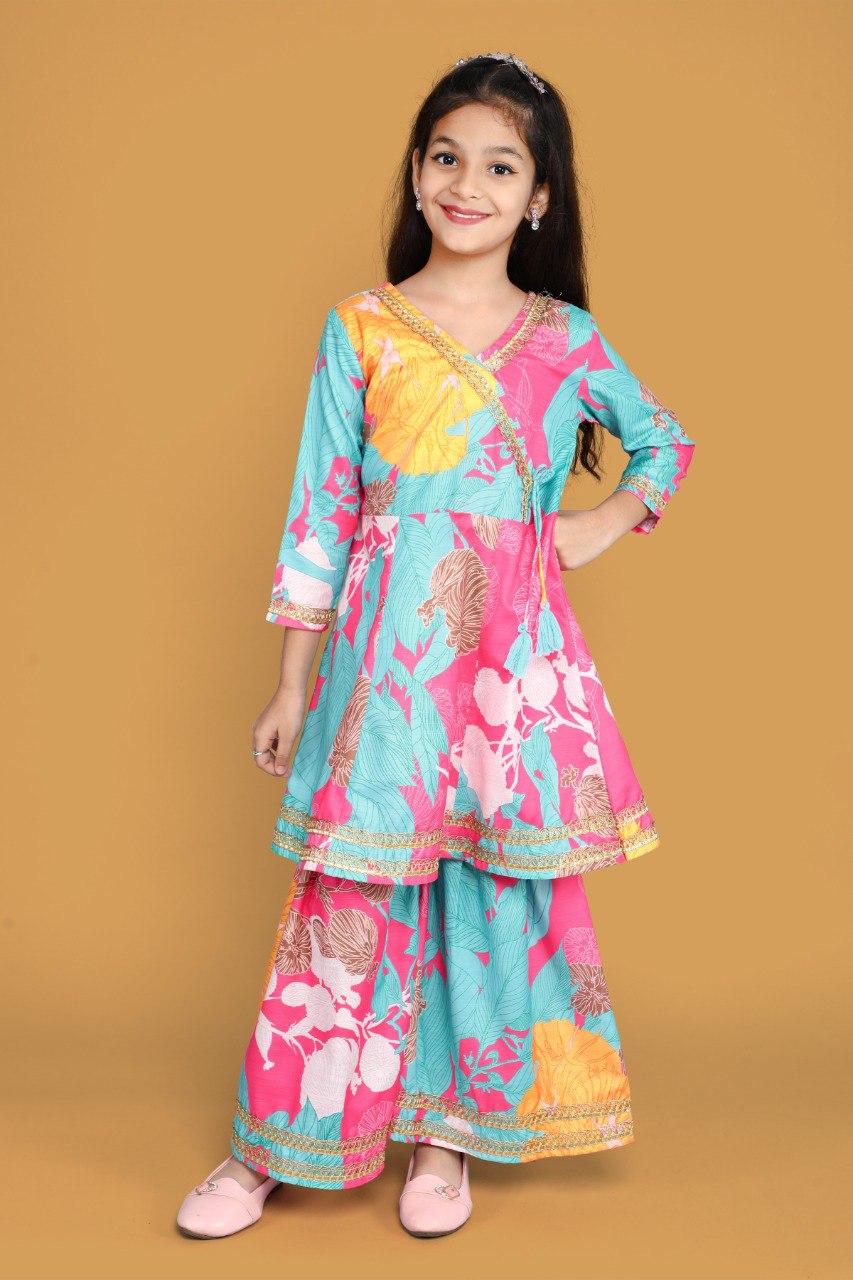 Girls' Pink Floral Anarkali Kurta with Sharara & Dupatta Set – Trendy Ethnic Wear for Festive & Casual Occasions