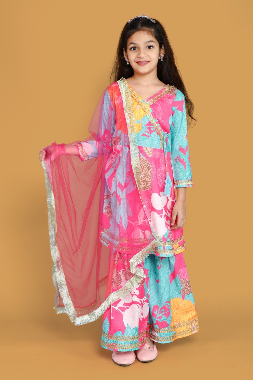 Girls' Pink Floral Anarkali Kurta with Sharara & Dupatta Set – Trendy Ethnic Wear for Festive & Casual Occasions