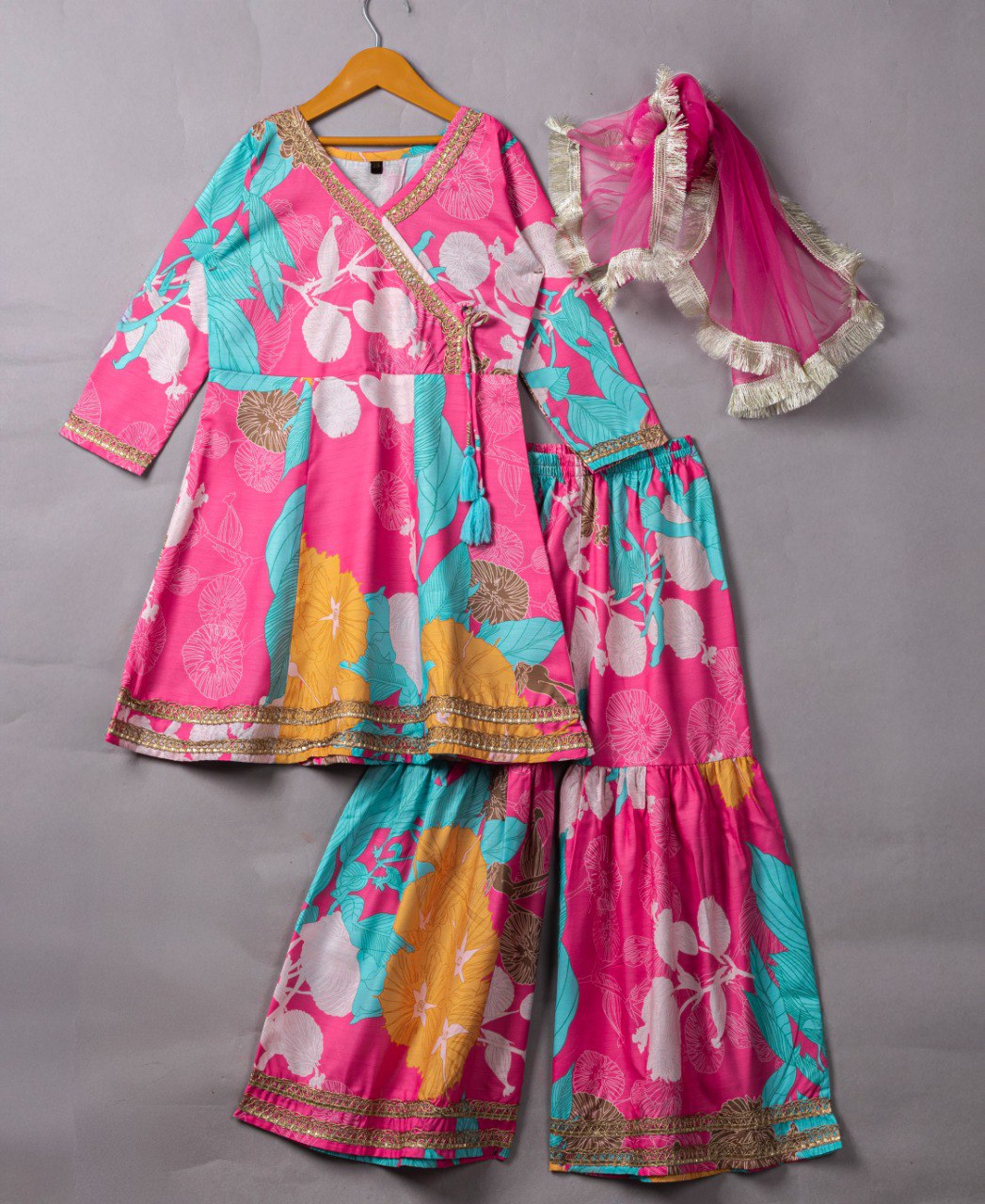 Girls' Pink Floral Anarkali Kurta with Sharara & Dupatta Set – Trendy Ethnic Wear for Festive & Casual Occasions
