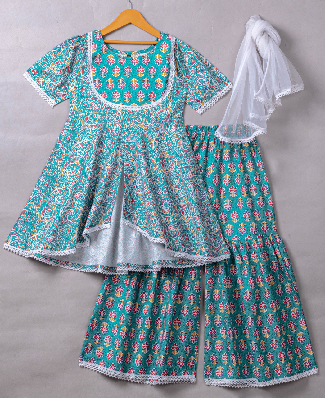 Girls' Teal Floral Anarkali Kurta with Sharara & Dupatta Set – Comfortable Ethnic Wear for Festive & Casual Occasions