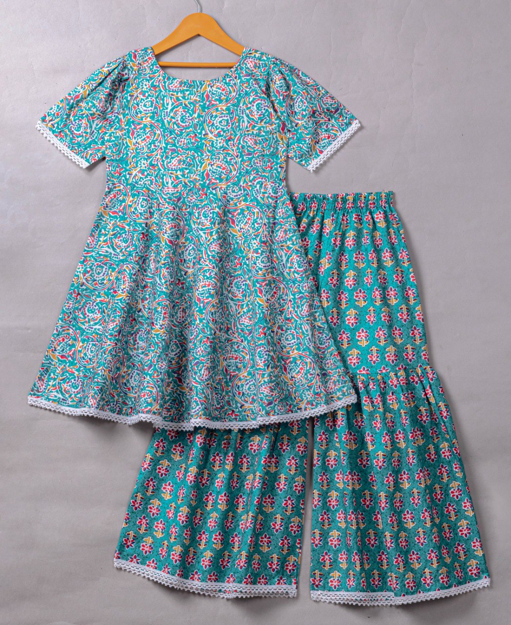 Girls' Teal Floral Anarkali Kurta with Sharara & Dupatta Set – Comfortable Ethnic Wear for Festive & Casual Occasions