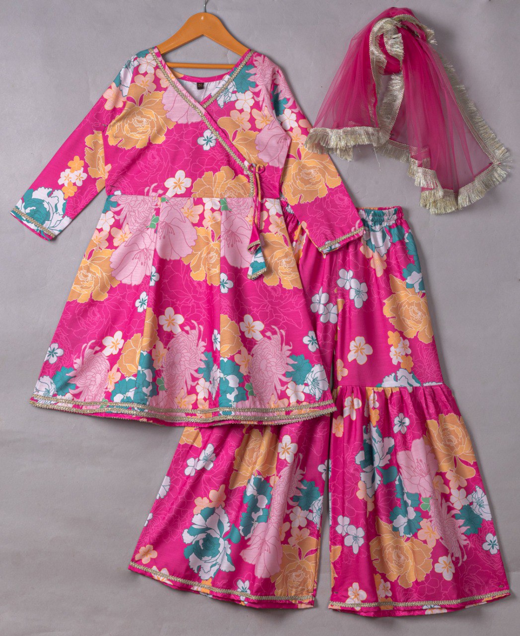Girls' Pink Floral Anarkali Kurta with Sharara & Dupatta Set – Trendy Ethnic Wear for Festive & Casual Occasions
