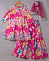 Girls' Pink Floral Anarkali Kurta with Sharara & Dupatta Set – Trendy Ethnic Wear for Festive & Casual Occasions