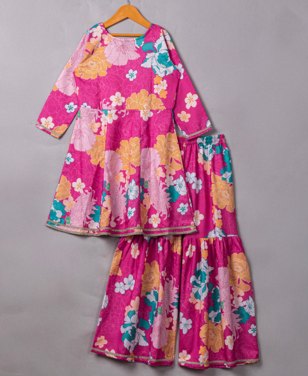 Girls' Pink Floral Anarkali Kurta with Sharara & Dupatta Set – Trendy Ethnic Wear for Festive & Casual Occasions