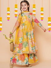 Girls' Yellow Floral Anarkali Kurta with Sharara & Dupatta Set – Stylish Ethnic Wear for Festive & Casual Occasions