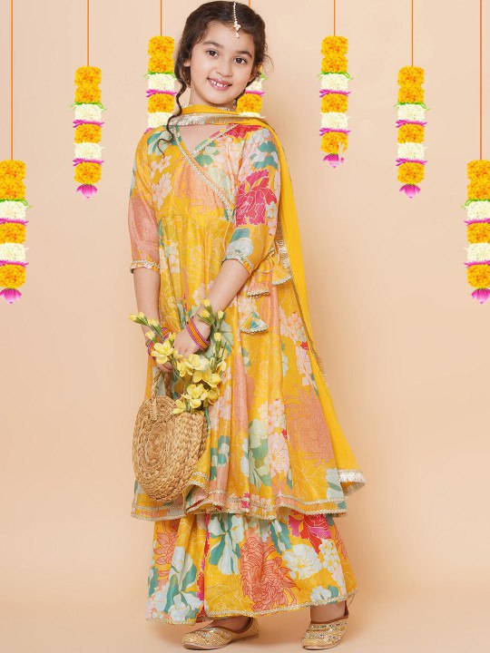 Girls' Yellow Floral Anarkali Kurta with Sharara & Dupatta Set – Stylish Ethnic Wear for Festive & Casual Occasions