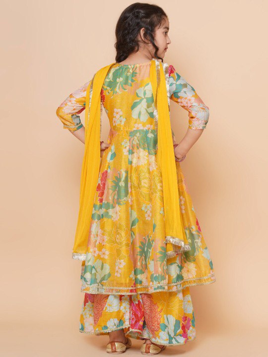 Girls' Yellow Floral Anarkali Kurta with Sharara & Dupatta Set – Stylish Ethnic Wear for Festive & Casual Occasions