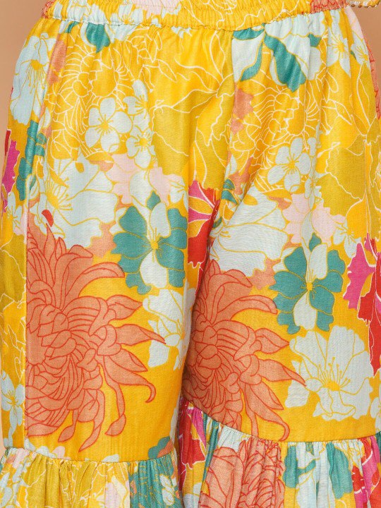 Girls' Yellow Floral Anarkali Kurta with Sharara & Dupatta Set – Stylish Ethnic Wear for Festive & Casual Occasions