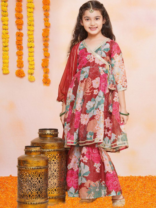 Girls' Red Floral Anarkali Kurta with Sharara & Dupatta Set – Stylish Ethnic Wear for Festive Occasions