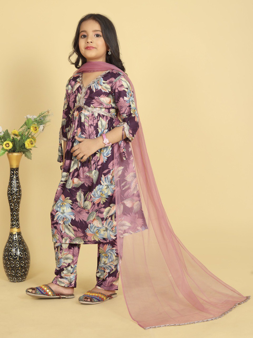 Kids Designer Floral Kurti Set with Matching Pink Dupatta
