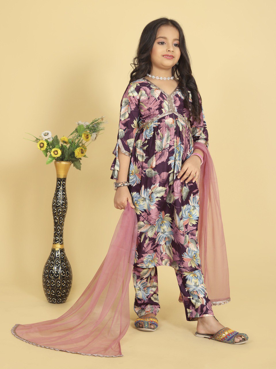 Kids Designer Floral Kurti Set with Matching Pink Dupatta