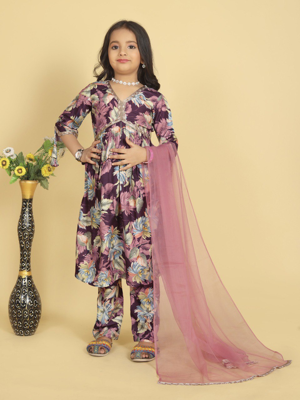 Kids Designer Floral Kurti Set with Matching Pink Dupatta