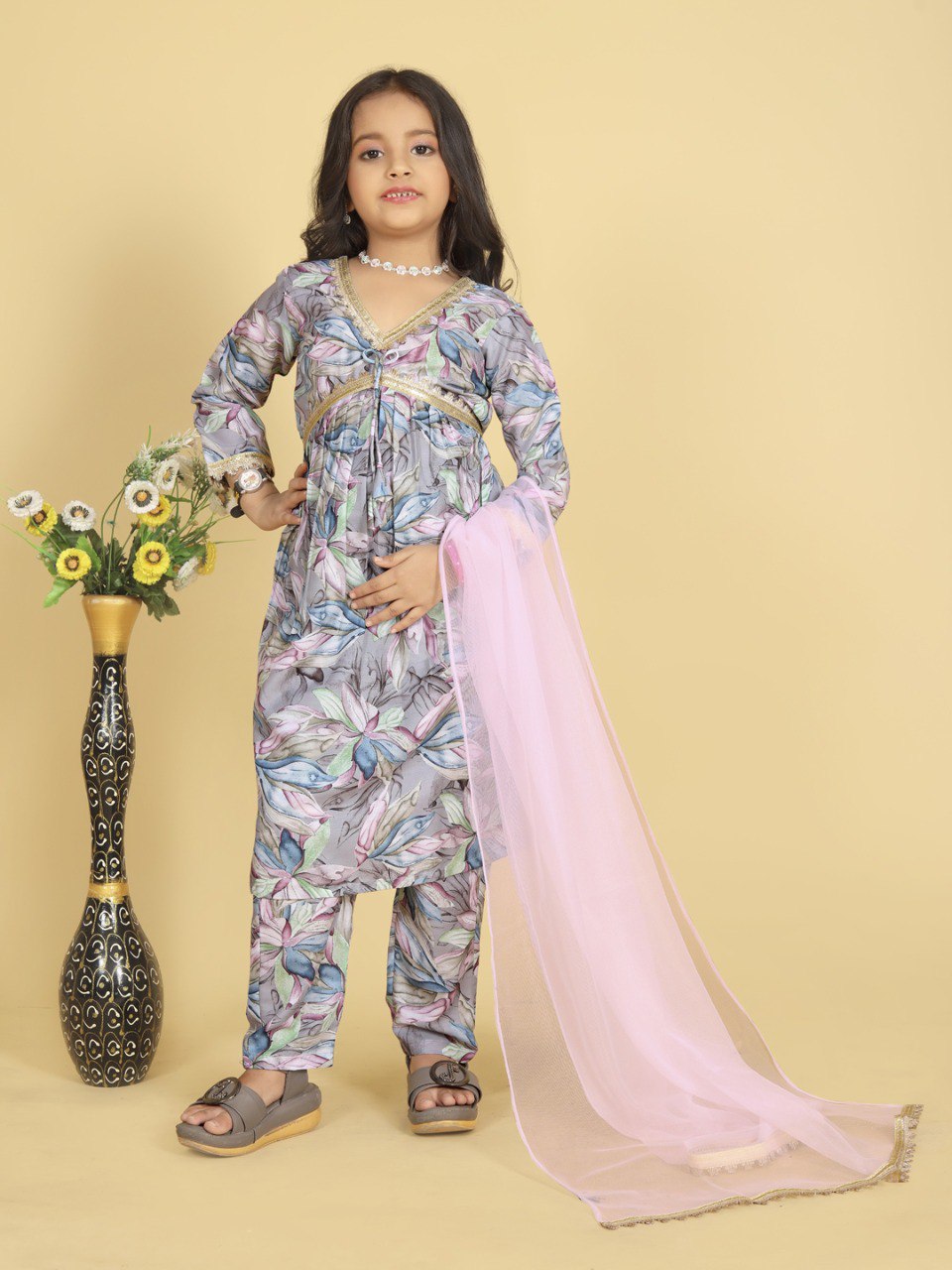 Kids Ethnic Wear Set - Floral Print Kurti with Pink Chiffon Dupatta