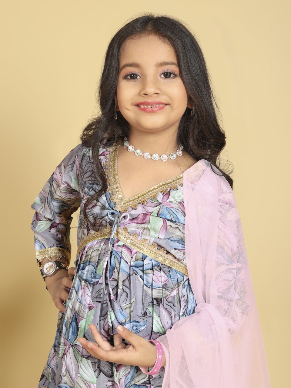 Kids Ethnic Wear Set - Floral Print Kurti with Pink Chiffon Dupatta