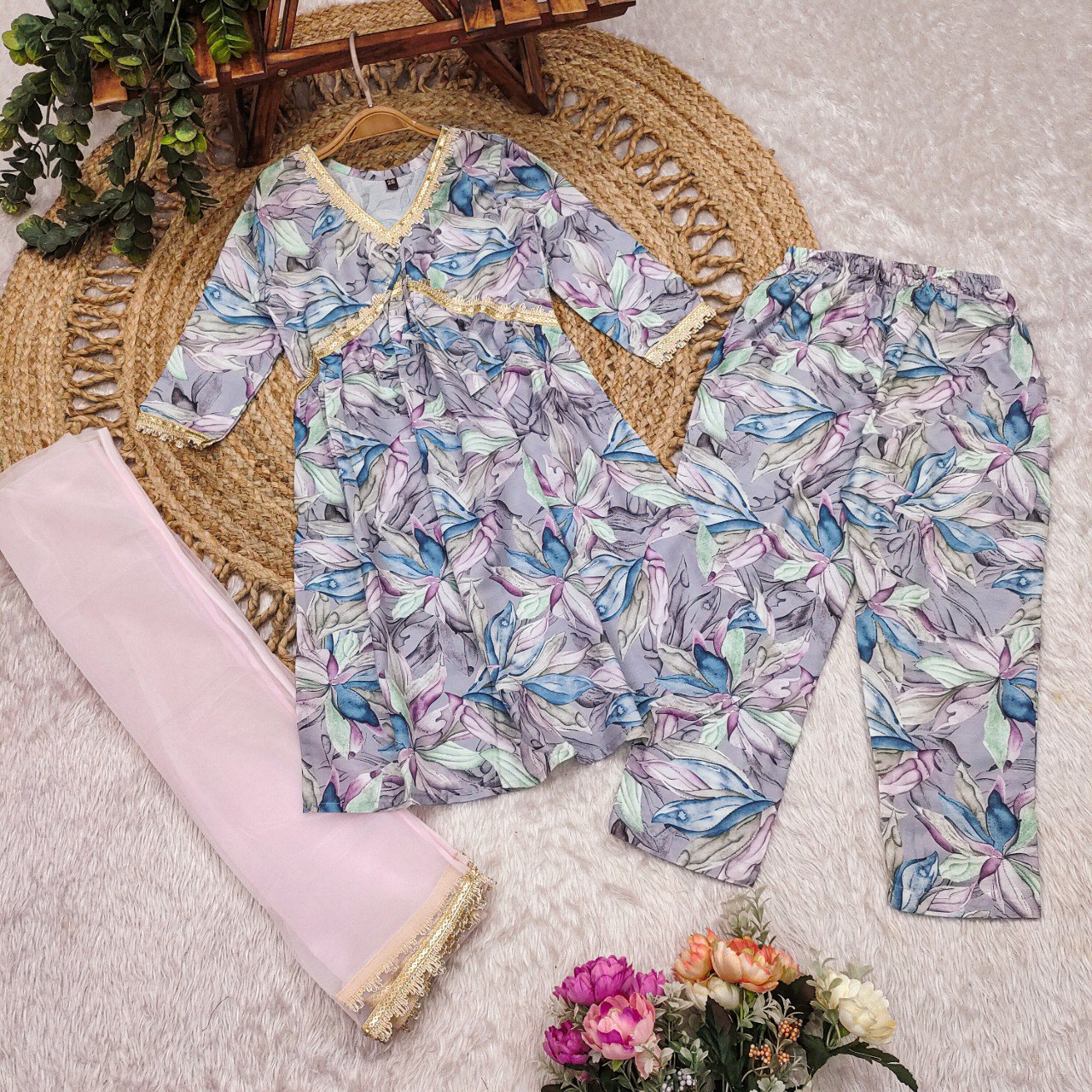 Kids Ethnic Wear Set - Floral Print Kurti with Pink Chiffon Dupatta