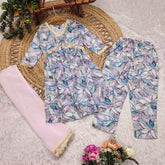 Kids Ethnic Wear Set - Floral Print Kurti with Pink Chiffon Dupatta