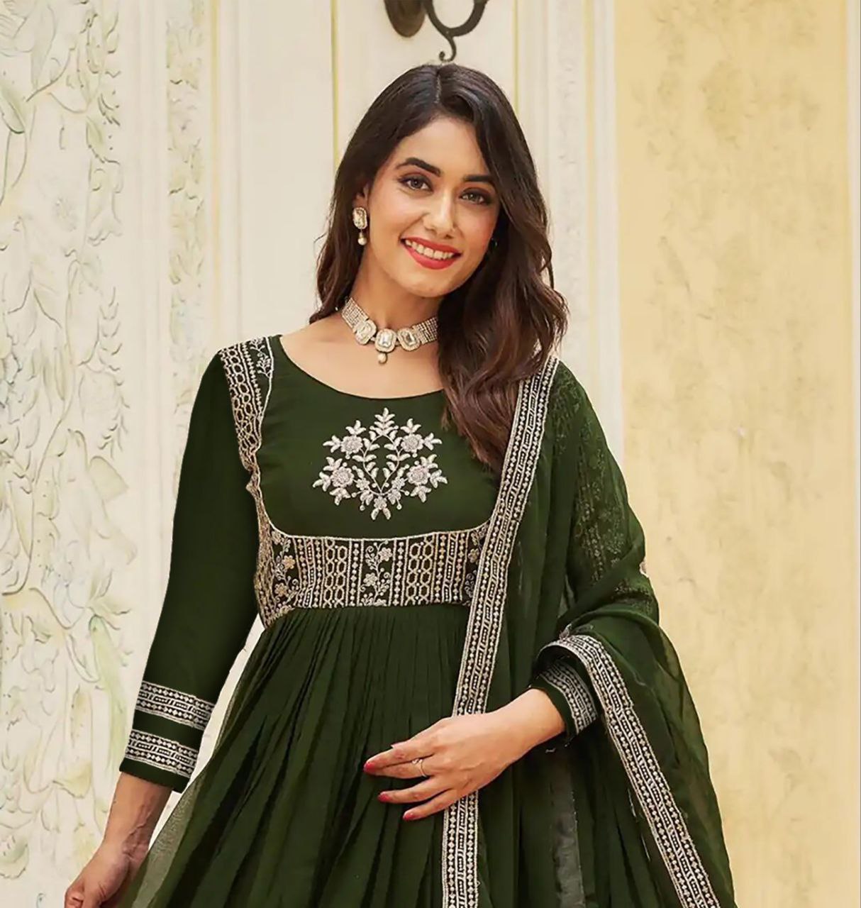 Elegant Olive Green Embroidered Anarkali Gown with Dupatta