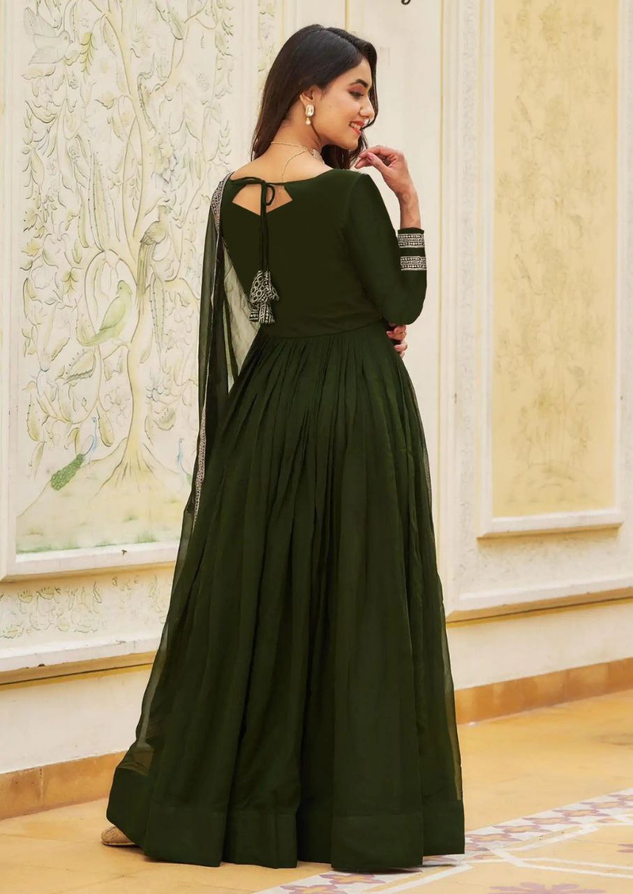 Elegant Olive Green Embroidered Anarkali Gown with Dupatta