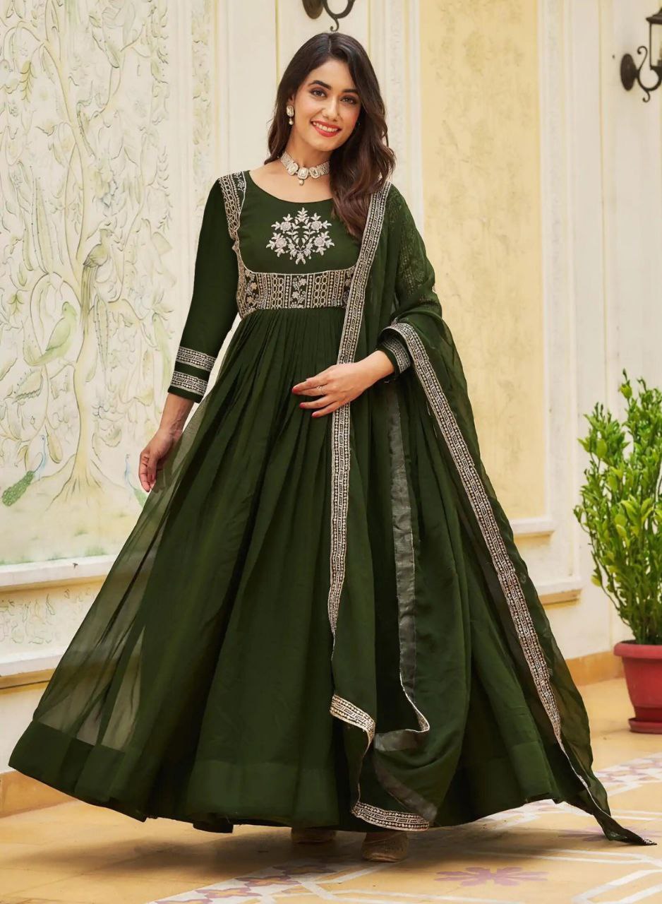 Elegant Olive Green Embroidered Anarkali Gown with Dupatta
