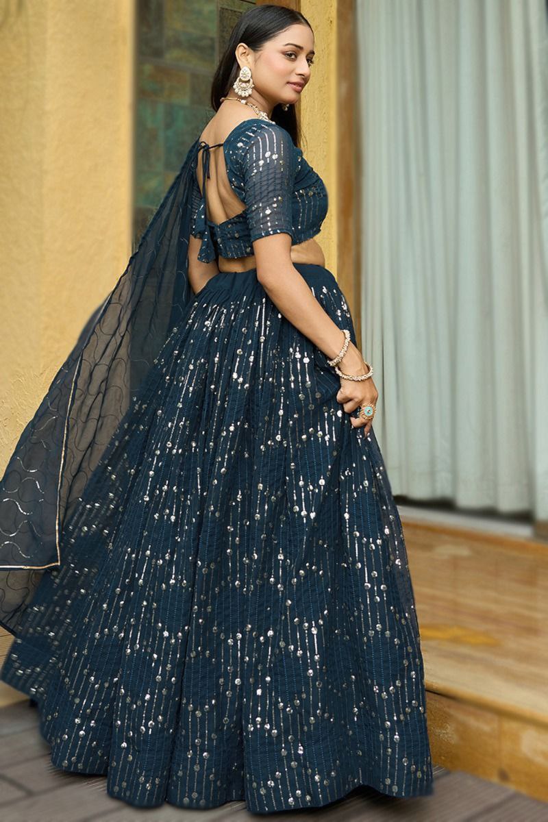 Stylish Navy Blue Semi-Stitched Lehenga Choli – Premium Georgette Partywear for Women