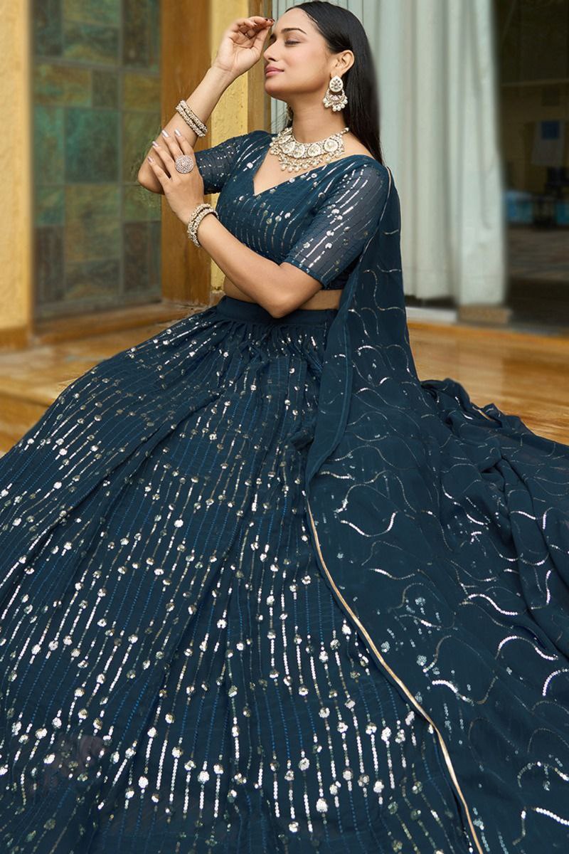 Stylish Navy Blue Semi-Stitched Lehenga Choli – Premium Georgette Partywear for Women