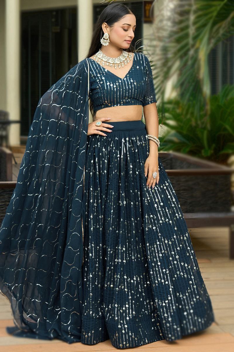 Stylish Navy Blue Semi-Stitched Lehenga Choli – Premium Georgette Partywear for Women