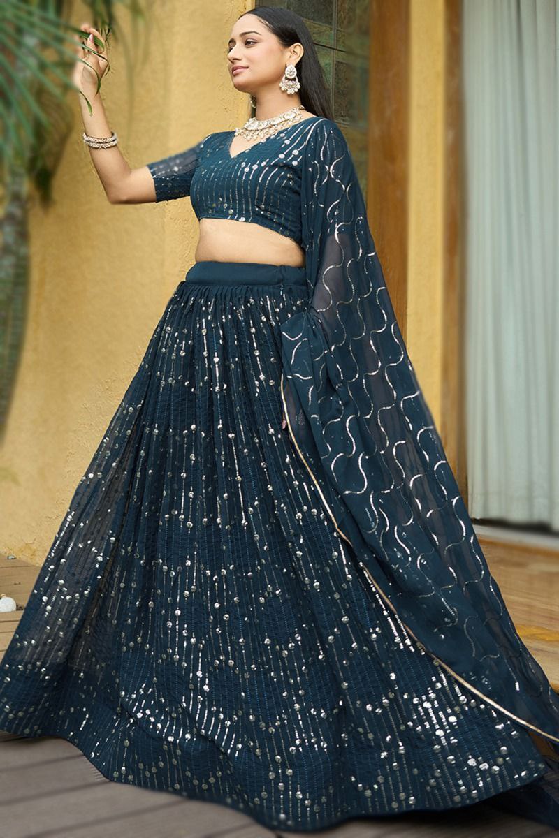 Stylish Navy Blue Semi-Stitched Lehenga Choli – Premium Georgette Partywear for Women