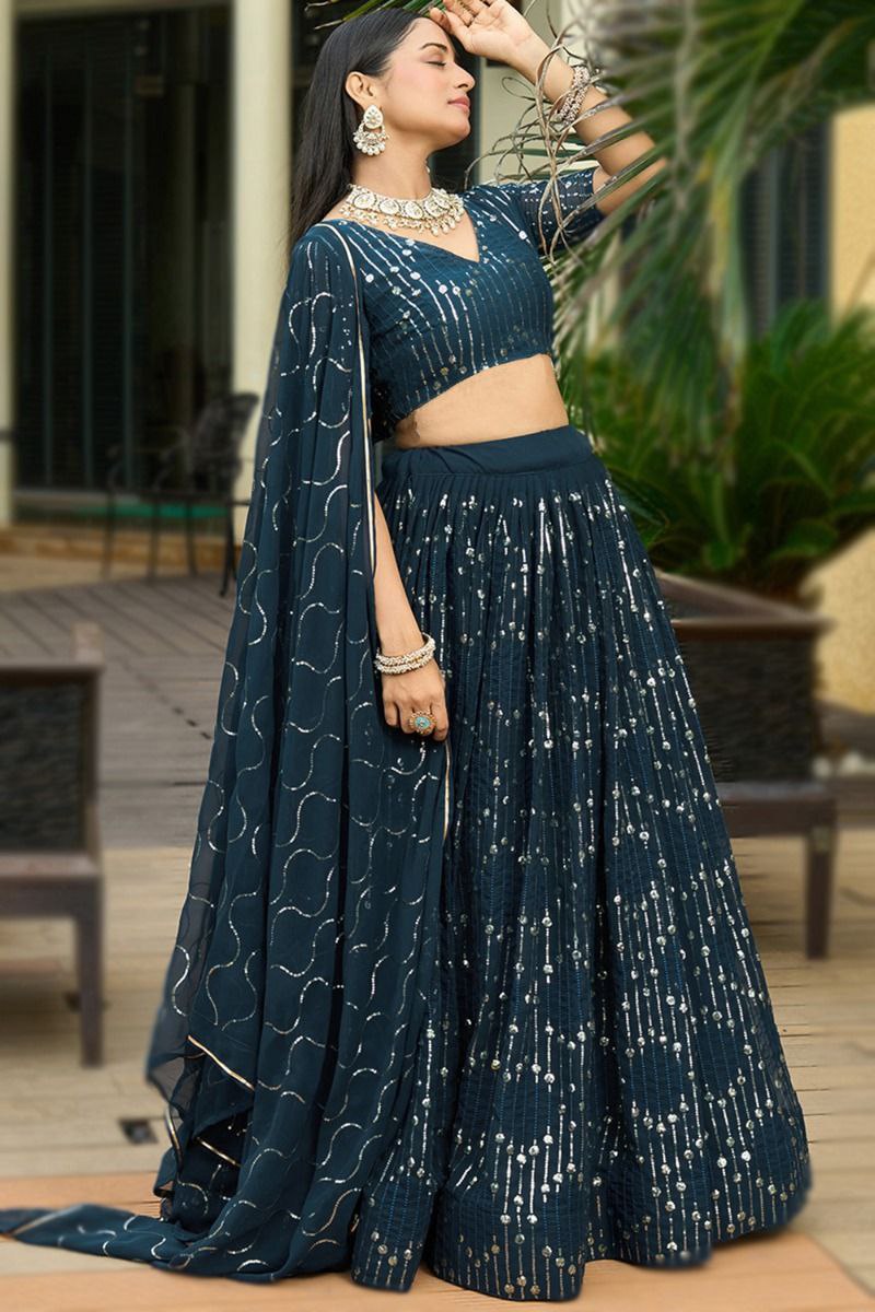 Stylish Navy Blue Semi-Stitched Lehenga Choli – Premium Georgette Partywear for Women