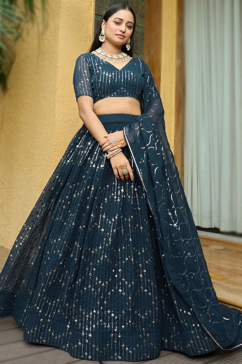 Stylish Navy Blue Semi-Stitched Lehenga Choli – Premium Georgette Partywear for Women