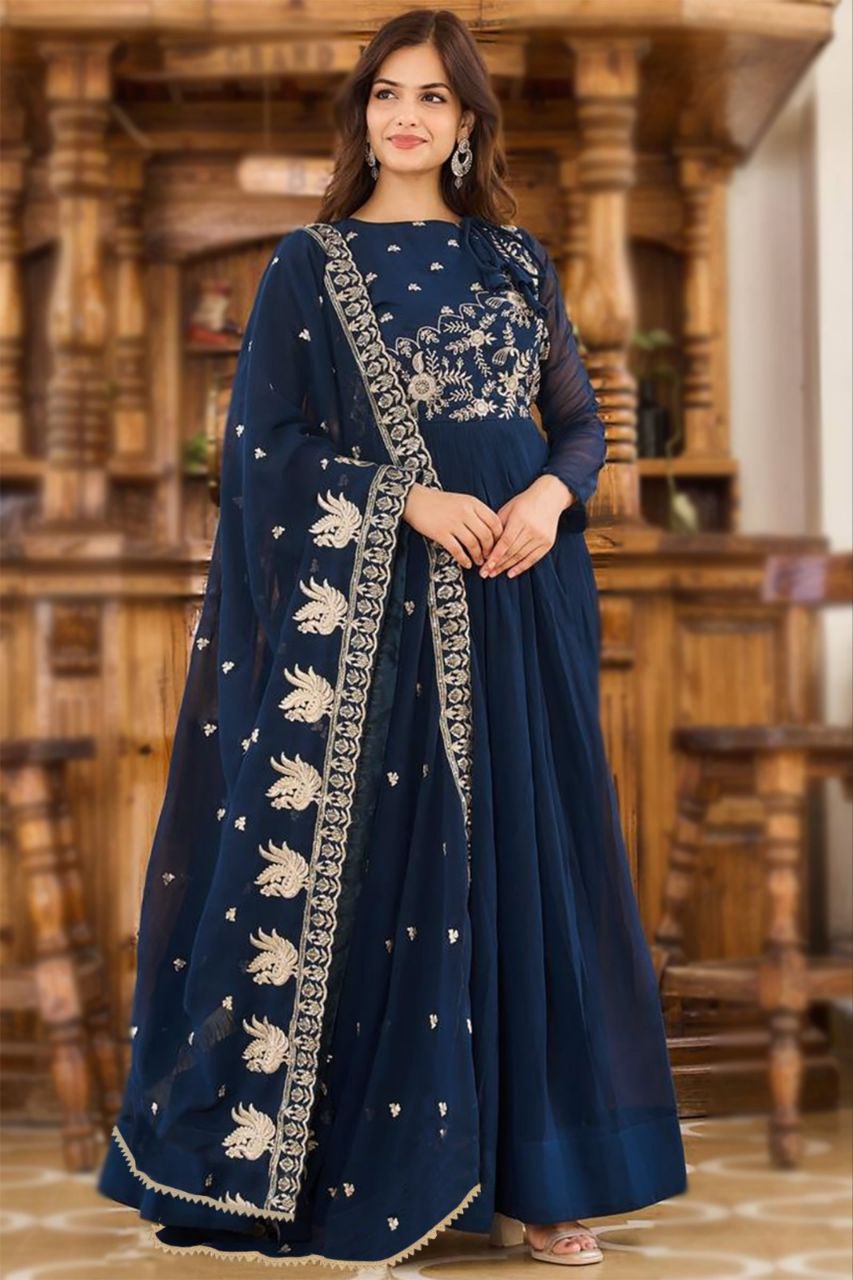 Elegant Navy Blue Embroidered Anarkali Gown with Side Drape