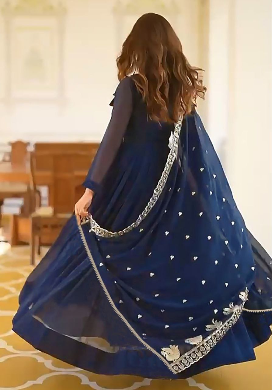 Elegant Navy Blue Embroidered Anarkali Gown with Side Drape
