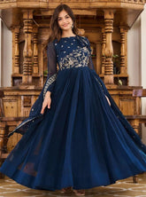 Elegant Navy Blue Embroidered Anarkali Gown with Side Drape