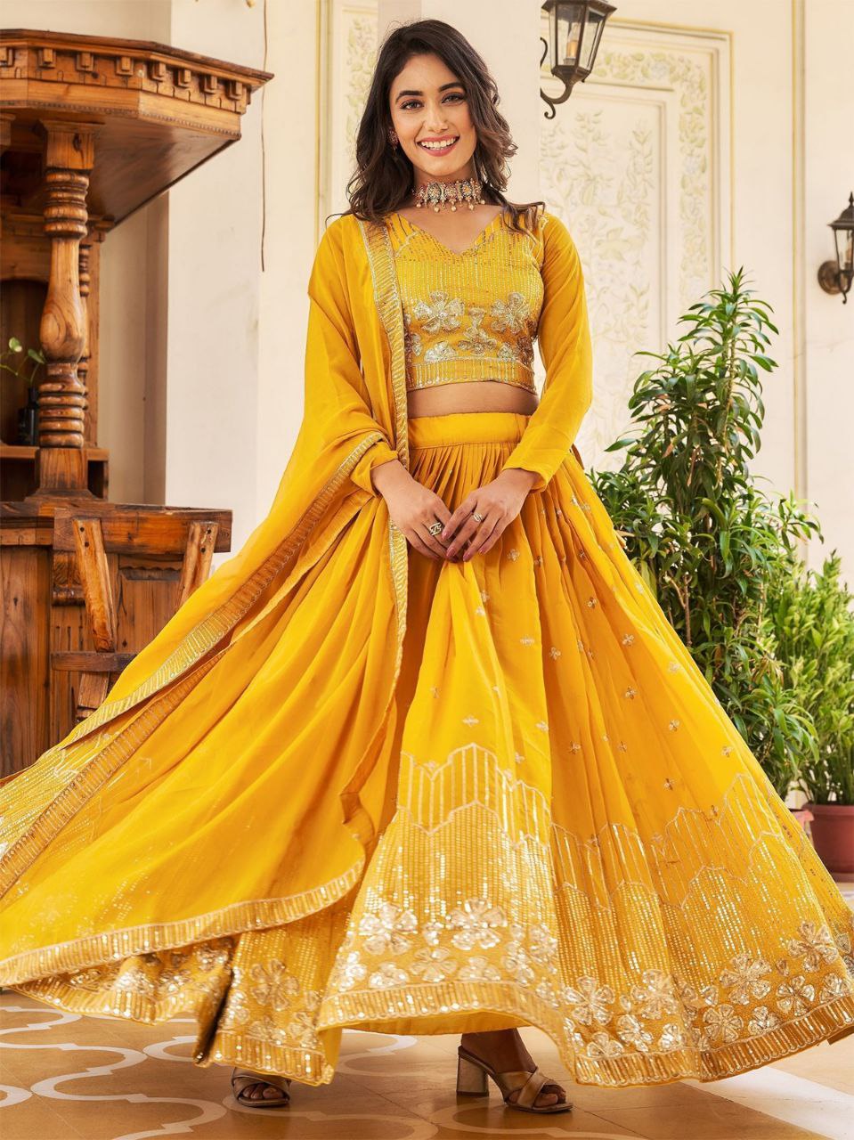 Designer Yellow Lehenga Set with Dupatta – Mirror & Sequin Embroidery Work