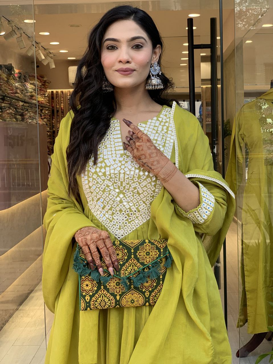 Vibrant Lime Green Anarkali Gown with White Embroidery