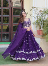Purple Embroidered Georgette Semi-Stitched Lehenga Choli for Women – Party & Wedding Wear