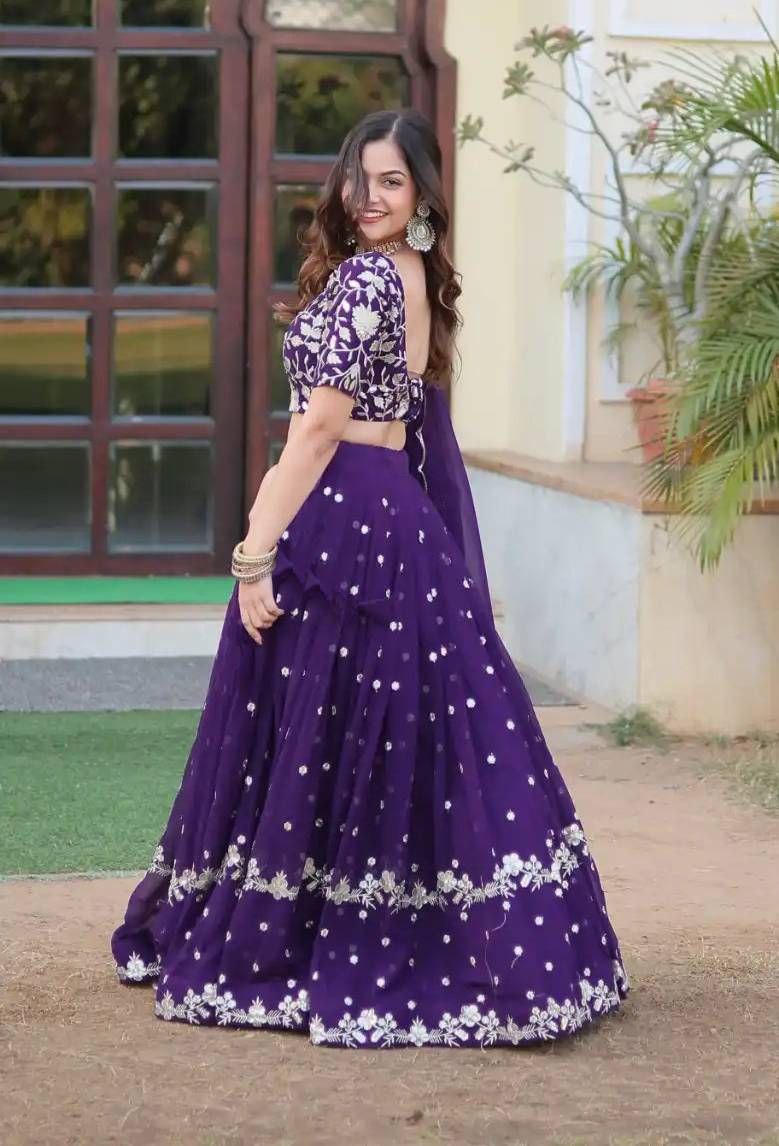 Purple Embroidered Georgette Semi-Stitched Lehenga Choli for Women – Party & Wedding Wear