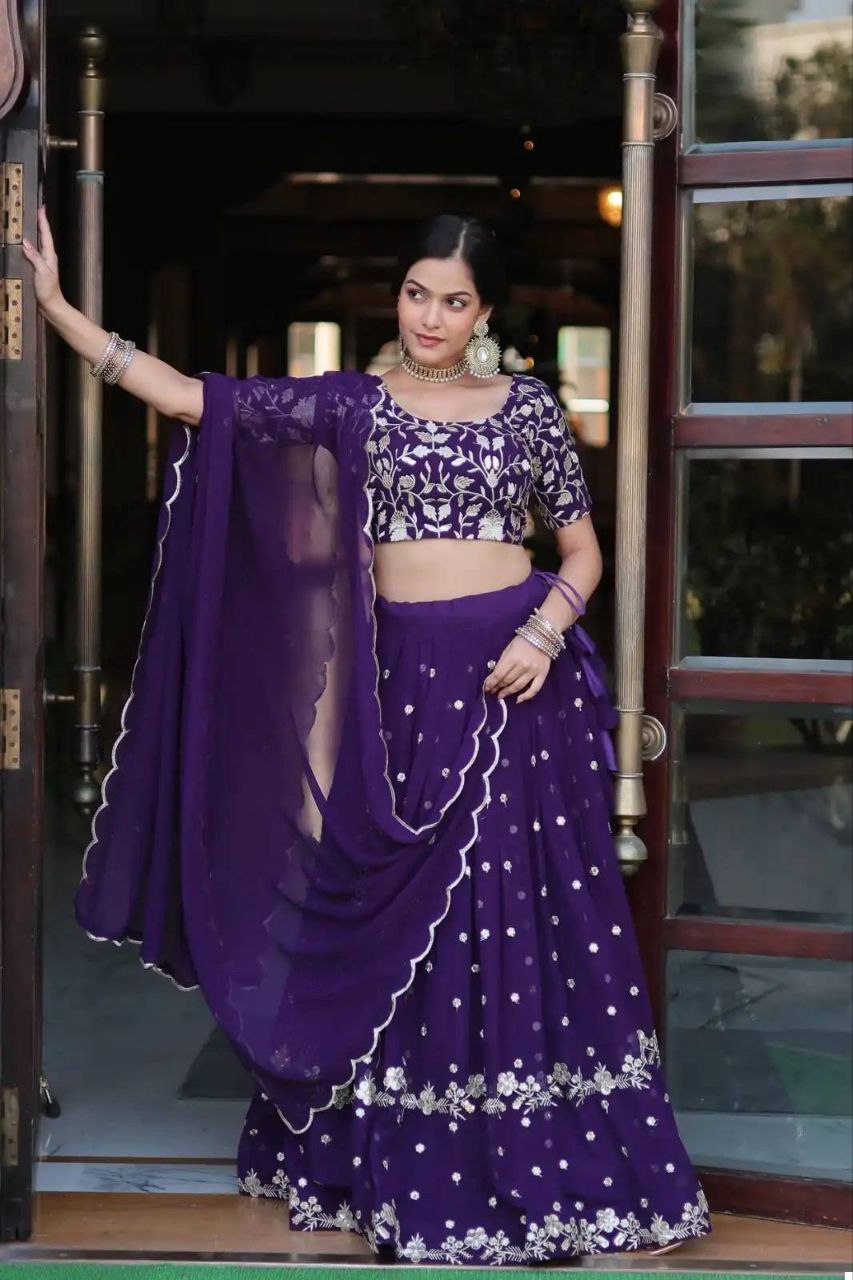 Purple Embroidered Georgette Semi-Stitched Lehenga Choli for Women – Party & Wedding Wear