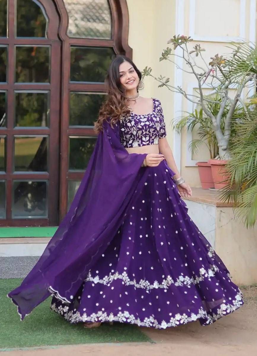 Purple Embroidered Georgette Semi-Stitched Lehenga Choli for Women – Party & Wedding Wear
