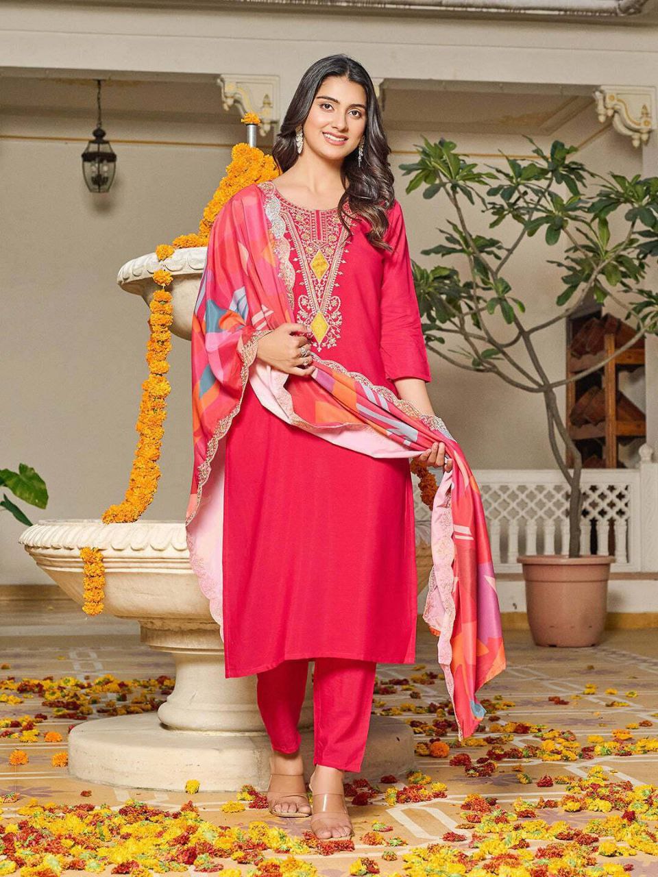 Rose Pink Embroidered Kurta Set with Printed Dupatta