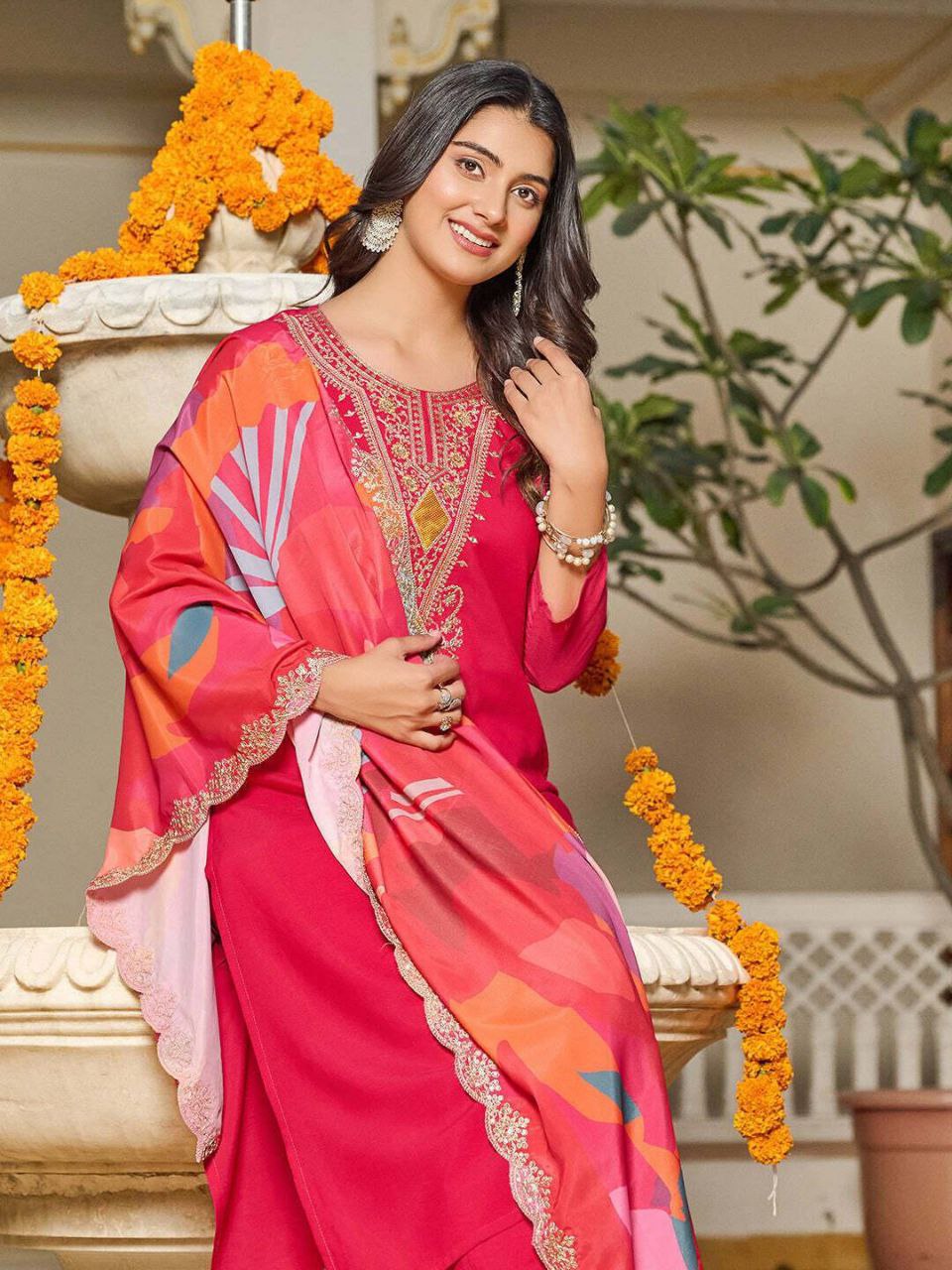 Rose Pink Embroidered Kurta Set with Printed Dupatta