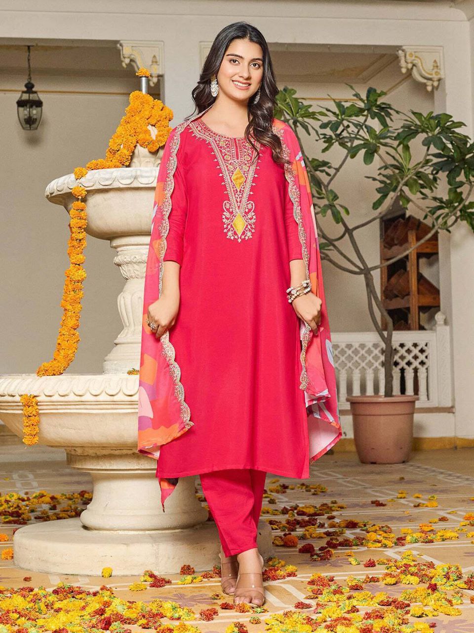 Rose Pink Embroidered Kurta Set with Printed Dupatta