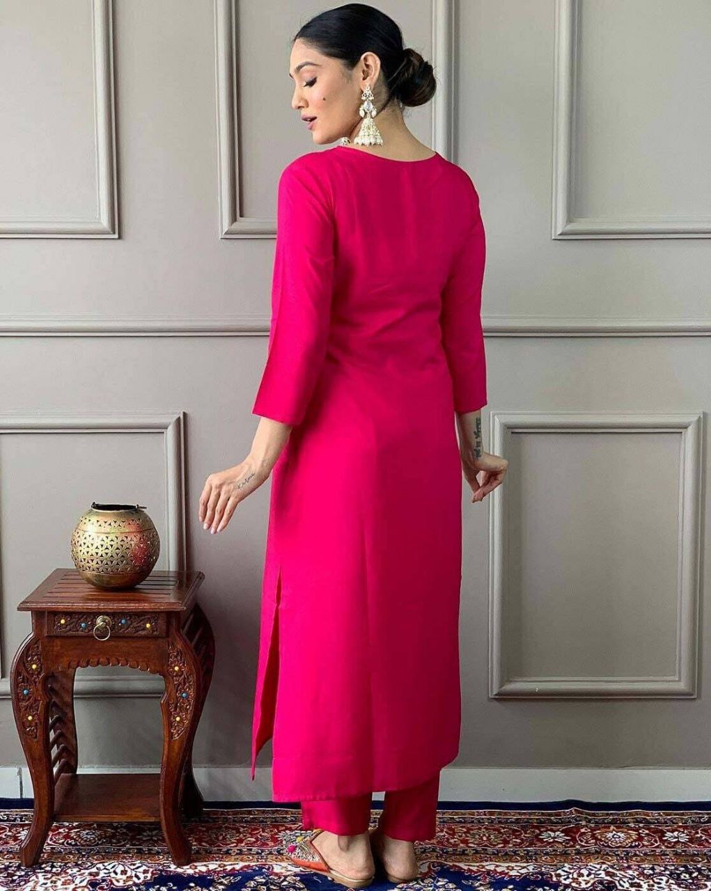 Rose Pink Embroidered Kurta Set with Printed Dupatta