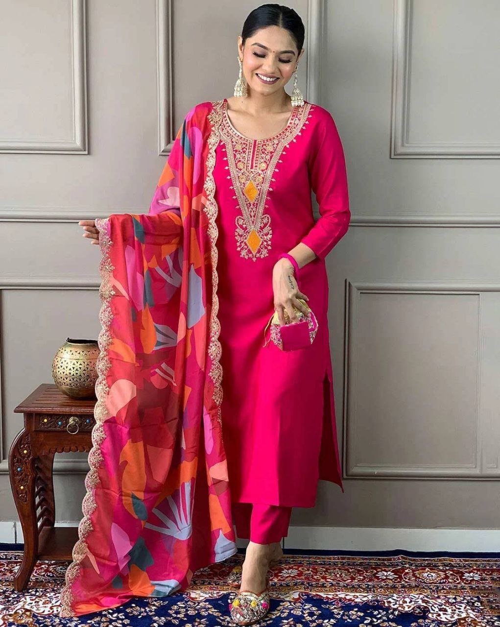 Rose Pink Embroidered Kurta Set with Printed Dupatta