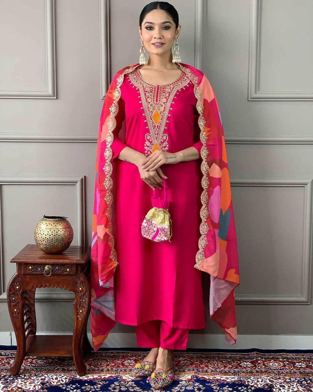 Rose Pink Embroidered Kurta Set with Printed Dupatta