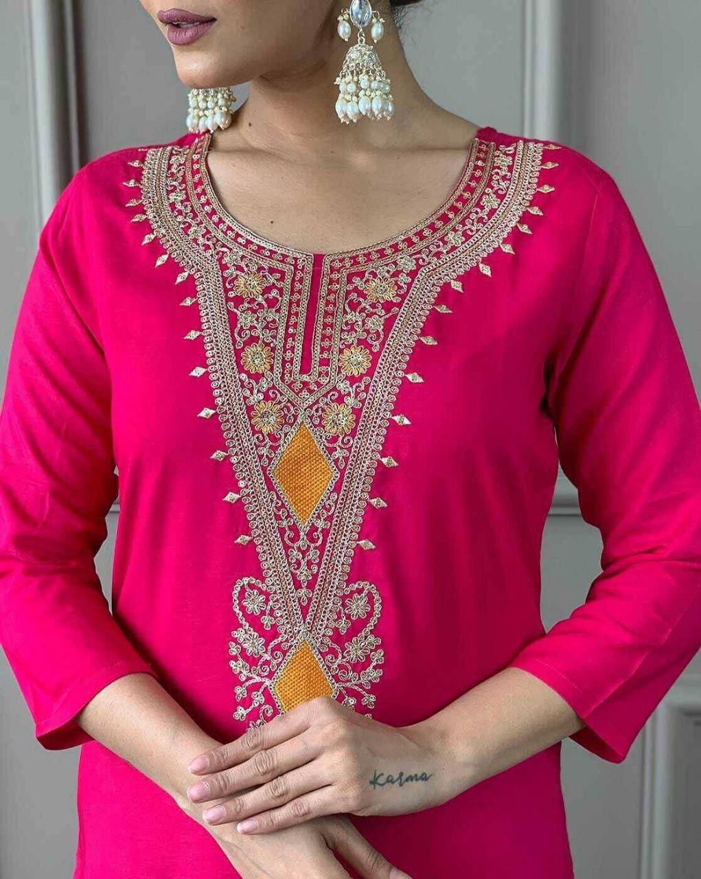 Rose Pink Embroidered Kurta Set with Printed Dupatta